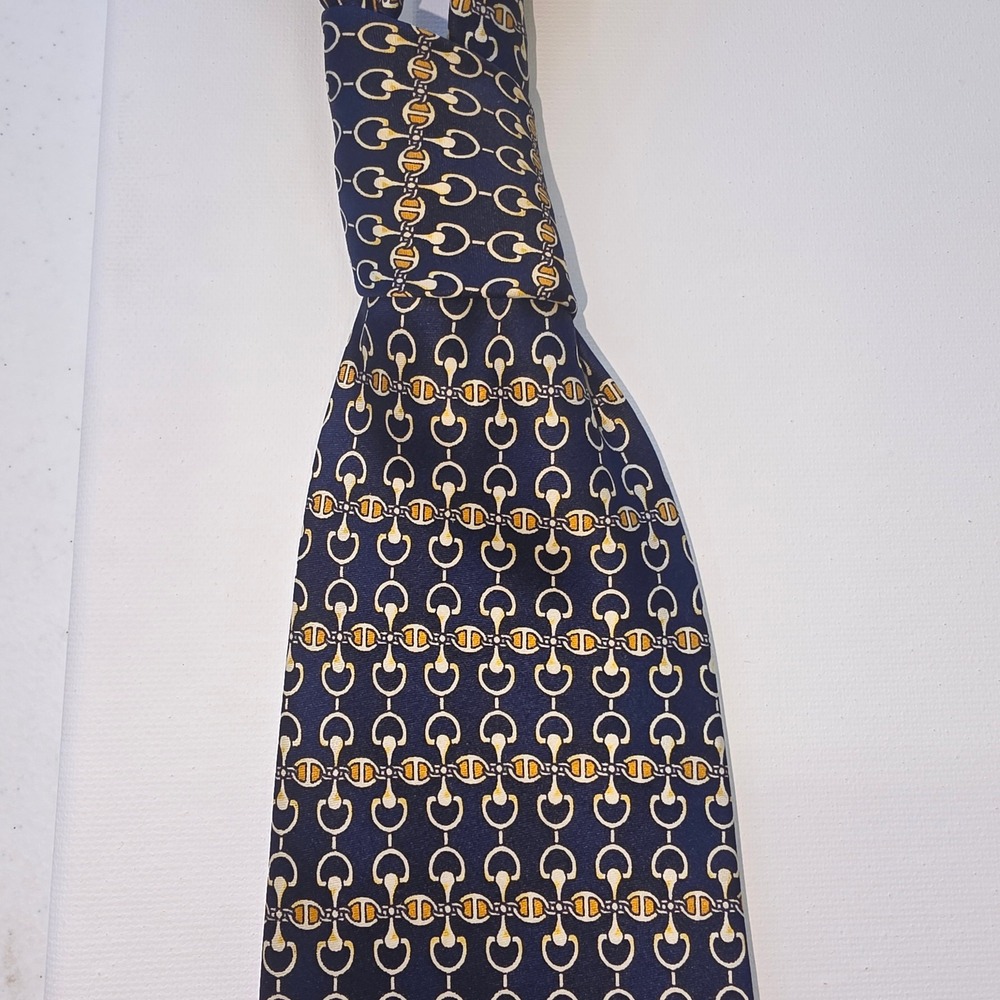 Como House Italy Silk Tie Navy Blue Gold Horsebit Chain Link Equestrian Mens